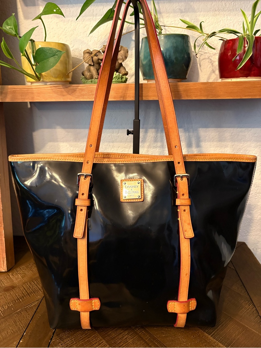 Dooney & Bourke Black Patent Tote with Tan Leather Trim